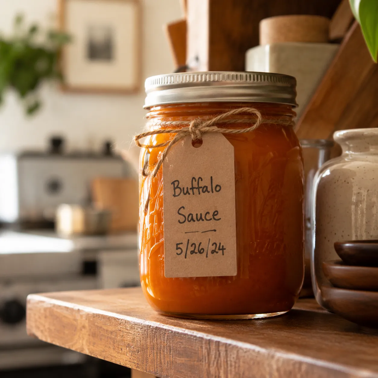 Homemade buffalo sauce stored in a labeled mason jar for the fridge.