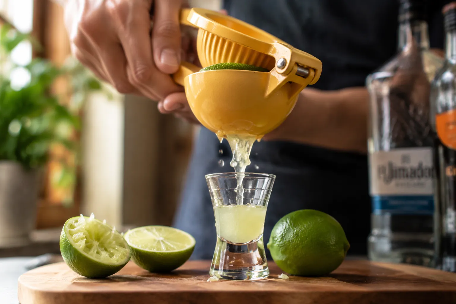 Squeezing fresh lime juice for kamikaze shot cocktail recipe
