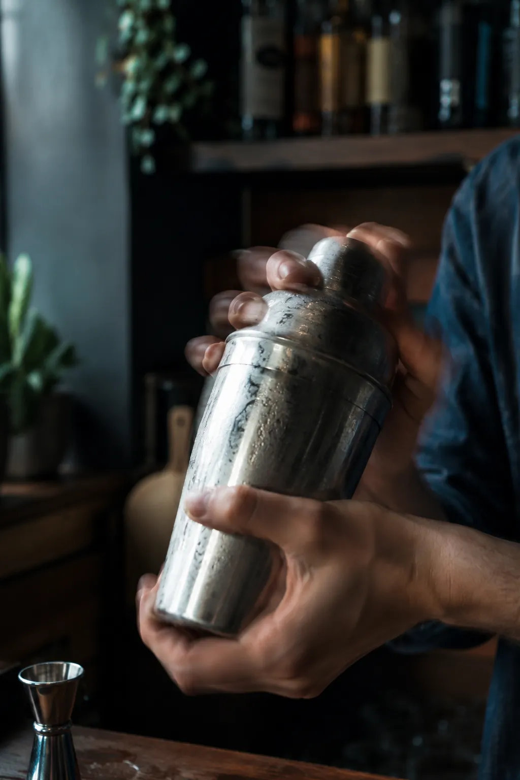 Shaking kamikaze shot cocktail in a stainless cocktail shaker