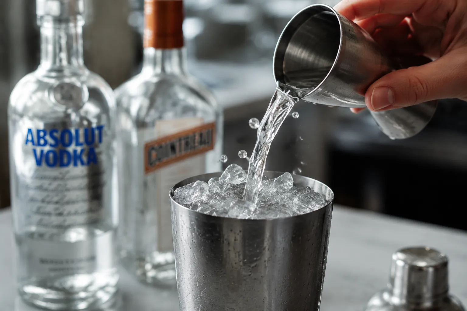 Pouring vodka into cocktail shaker for kamikaze shot recipe