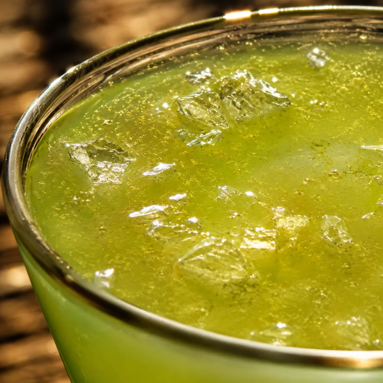 Macro close-up of kamikaze shot cocktail surface with citrus oils