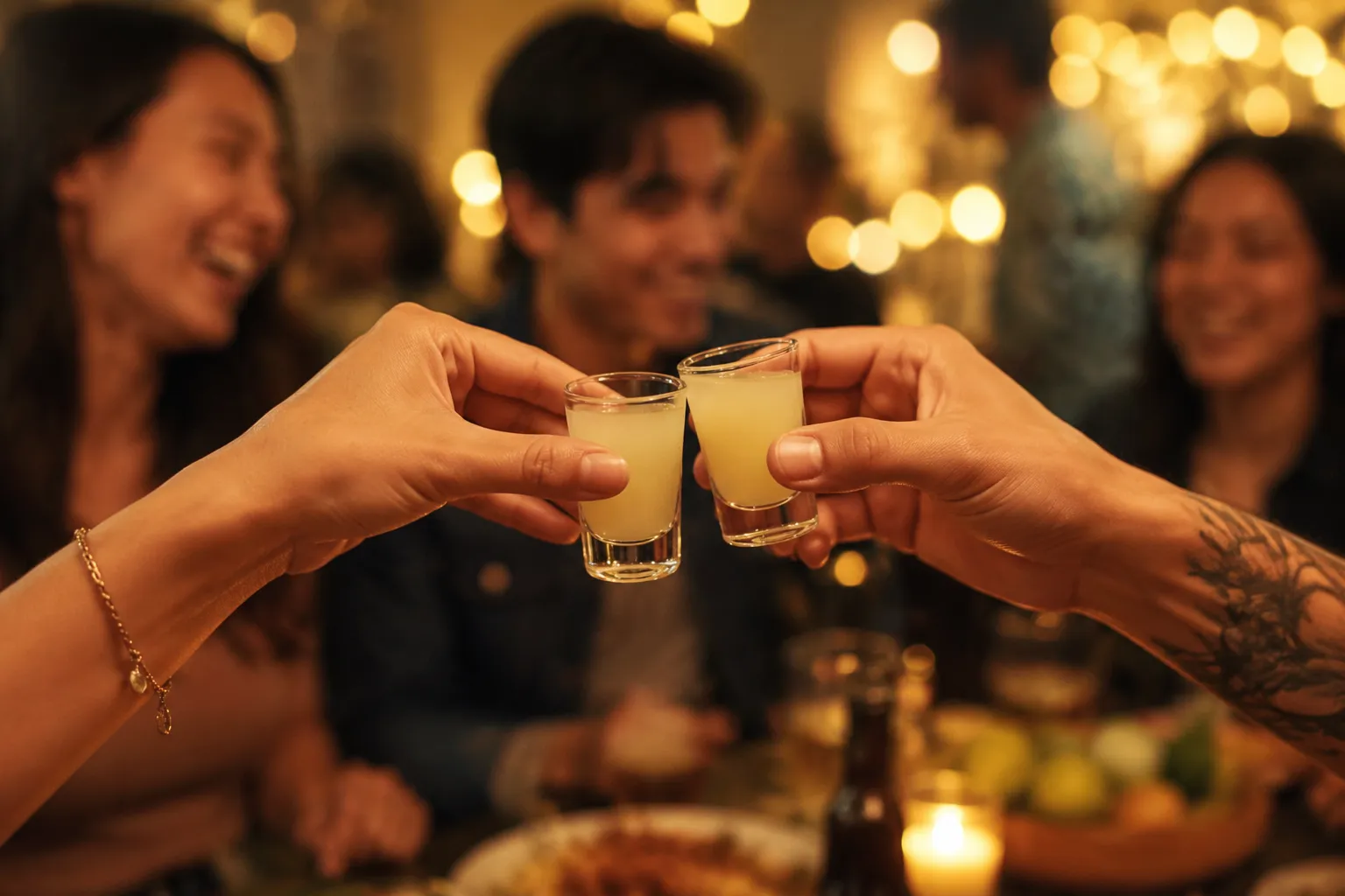 Friends toasting kamikaze shot cocktails at a party