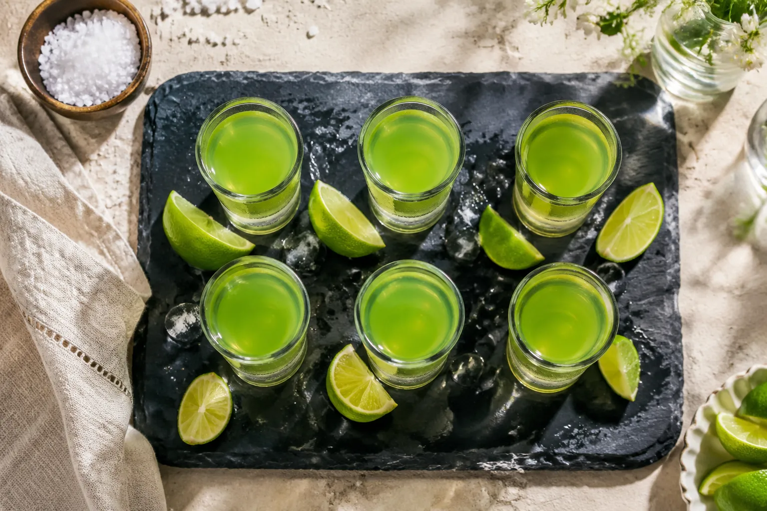 Tray of kamikaze shot cocktails ready to serve at a party