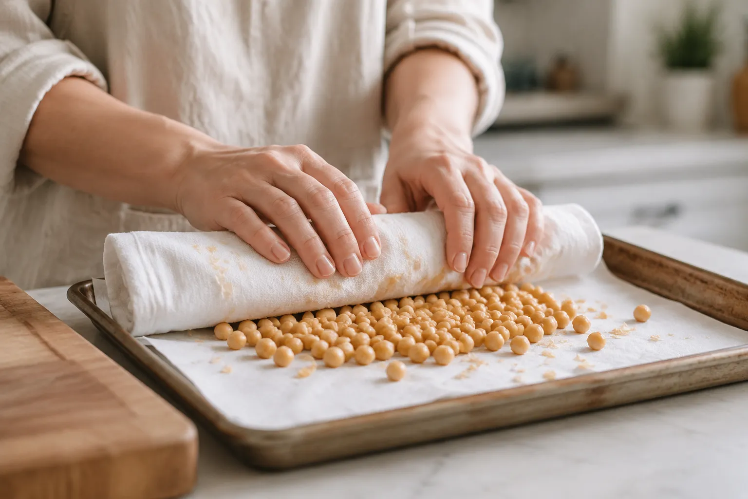 Patting chickpeas dry on a sheet pan before roasting for maximum crispiness
