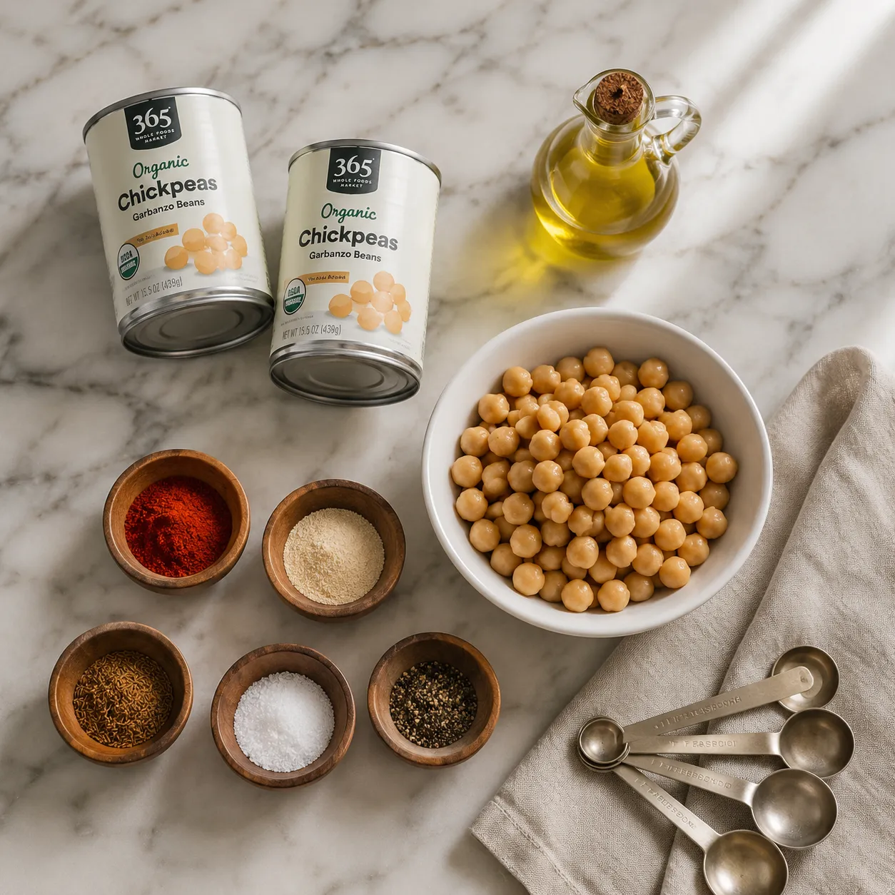 Ingredients for crispy chickpeas recipe flatlay with garbanzo beans and spices