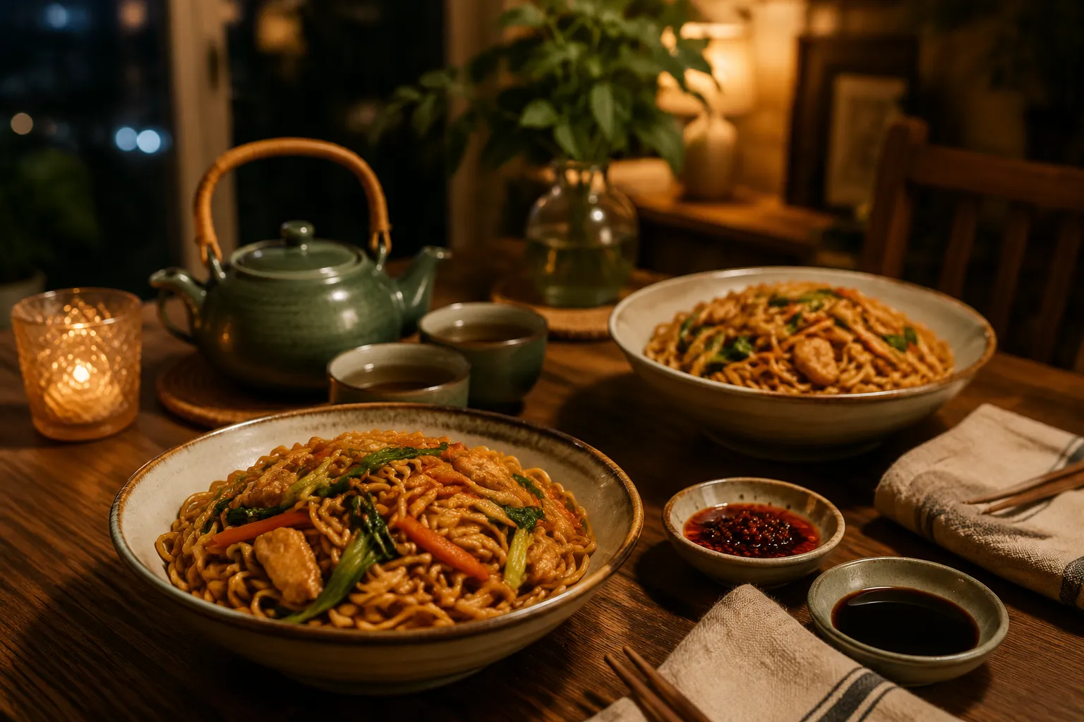 Two bowls of chicken lo mein served on a dinner table with tea