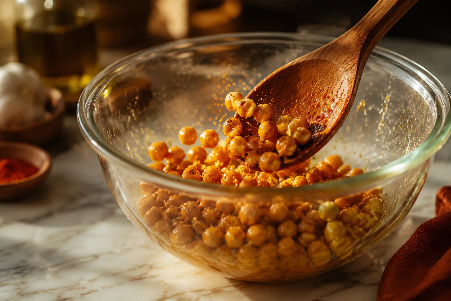 Tossing crispy chickpeas with olive oil and smoked paprika seasoning