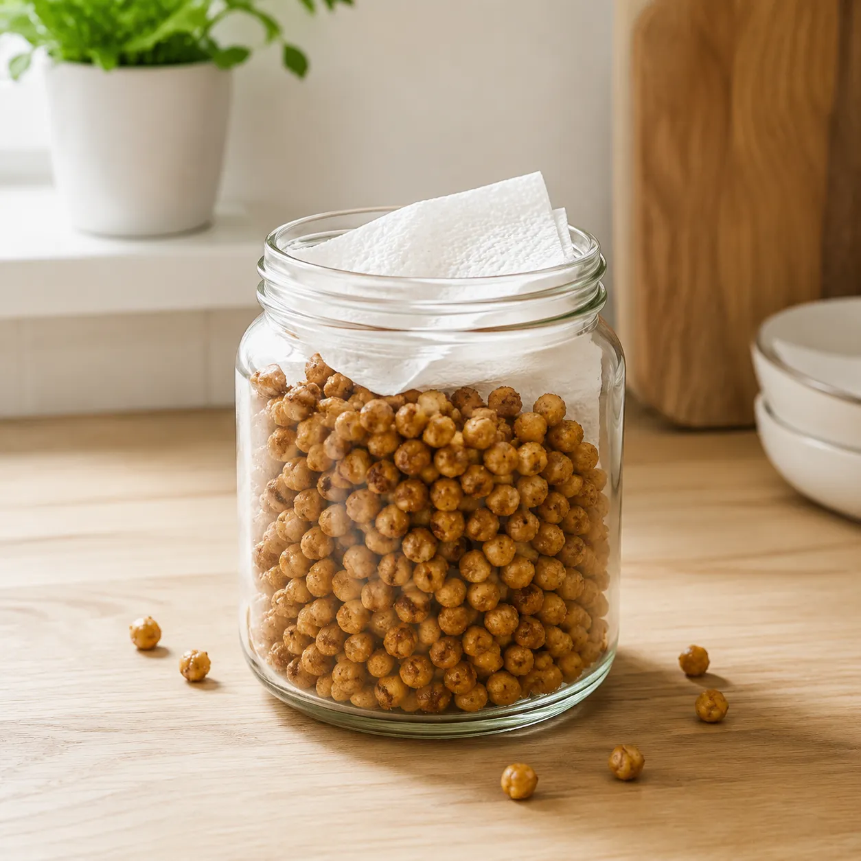 Storing crispy roasted chickpeas in glass jar to keep them crunchy