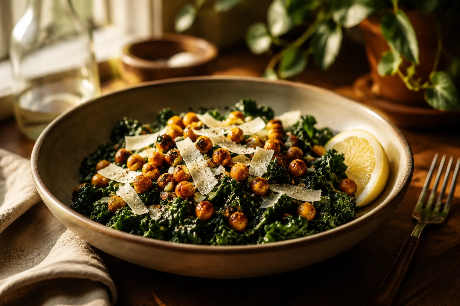 Roasted chickpea salad with kale and parmesan in serving bowl