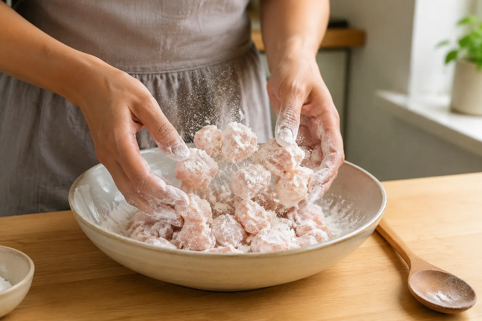 Coating chicken pieces in cornstarch for crispy honey glazed chicken