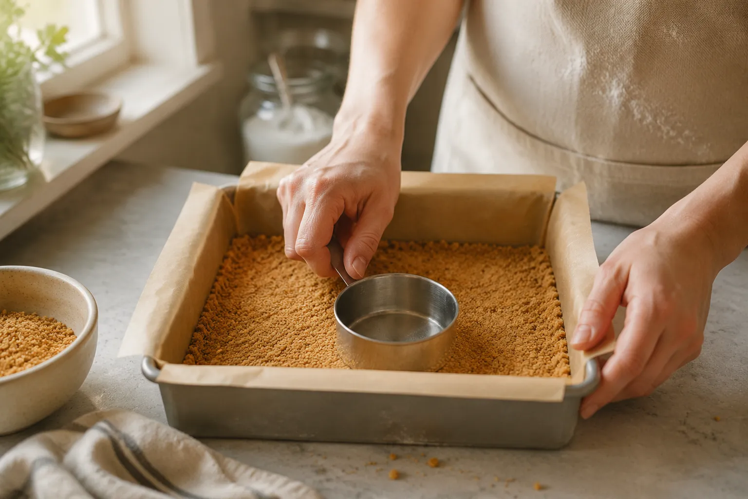 Pressing graham cracker crust for hello dollies in a parchment-lined pan
