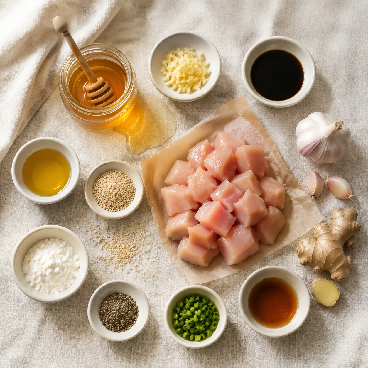 Honey chicken ingredients flatlay including honey, soy sauce, garlic, ginger and chicken