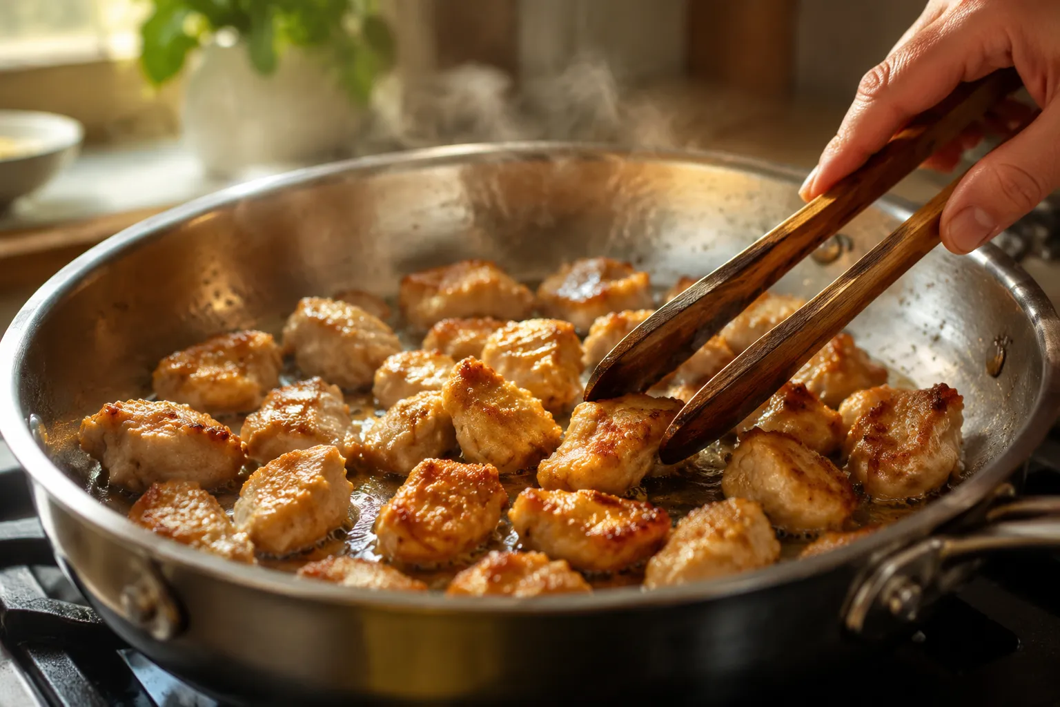 Crispy chicken pan-frying in skillet for honey and chicken recipe