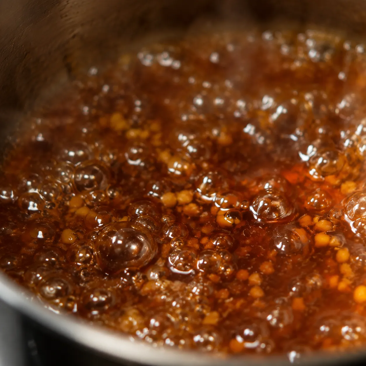 Sticky honey sauce simmering for homemade honey chicken