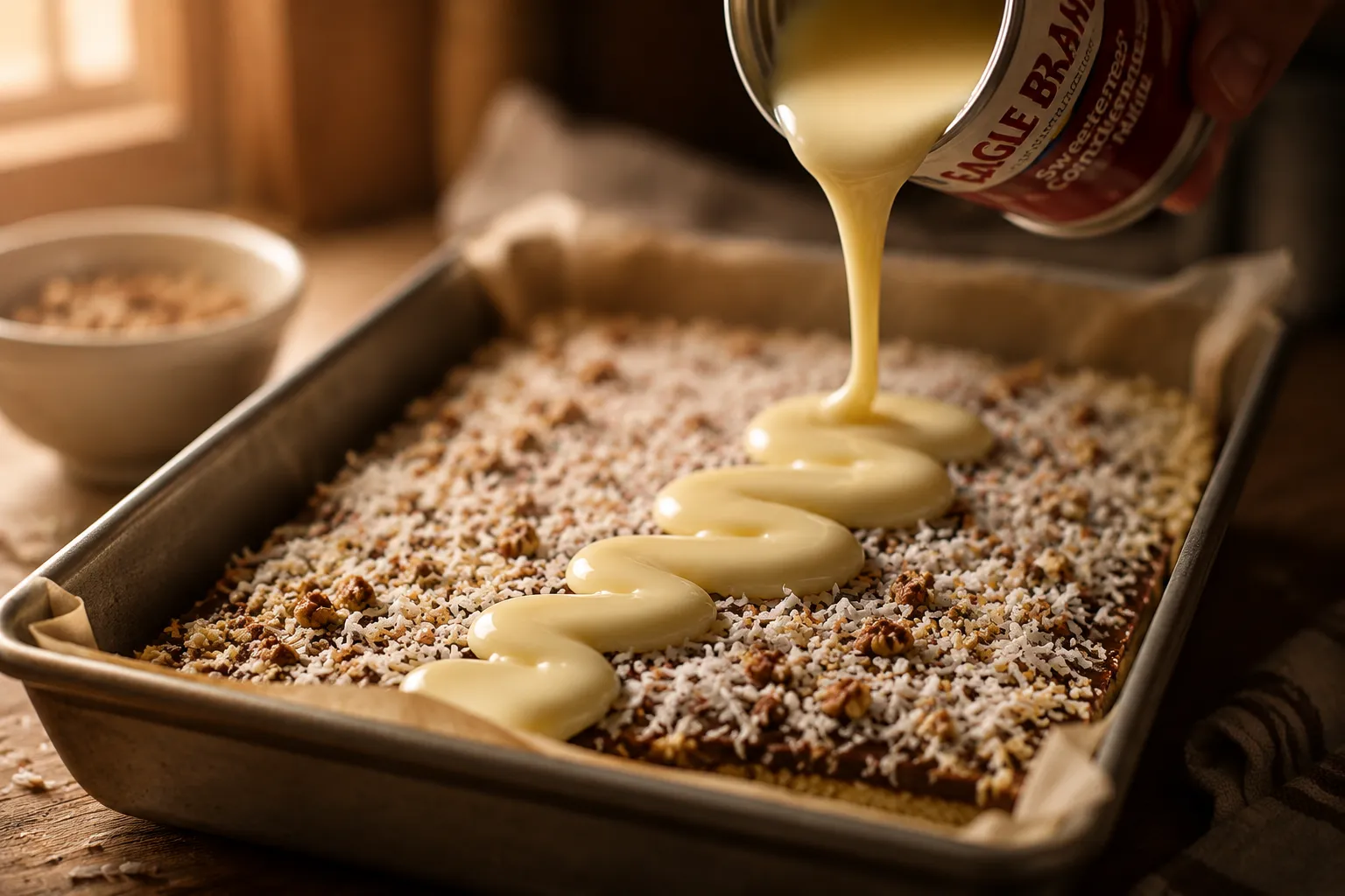 Pouring sweetened condensed milk over hello dollies before baking