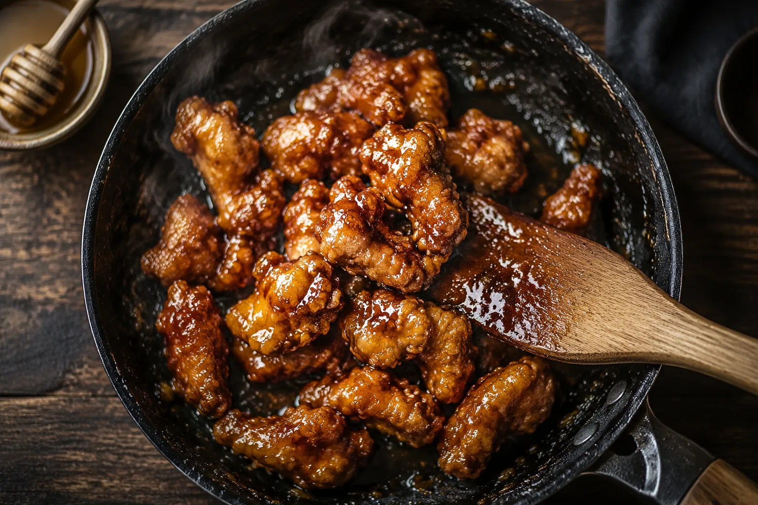 Tossing crispy chicken in sticky honey glaze in a skillet