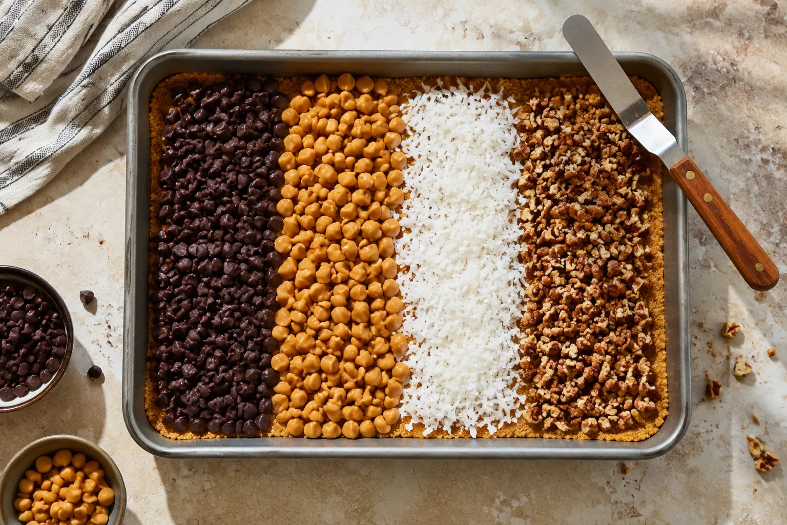 Layered chocolate, butterscotch, coconut, and pecans for hello dollies