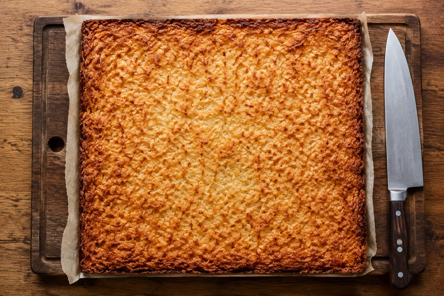 Whole pan of baked hello dollies on a wooden cutting board