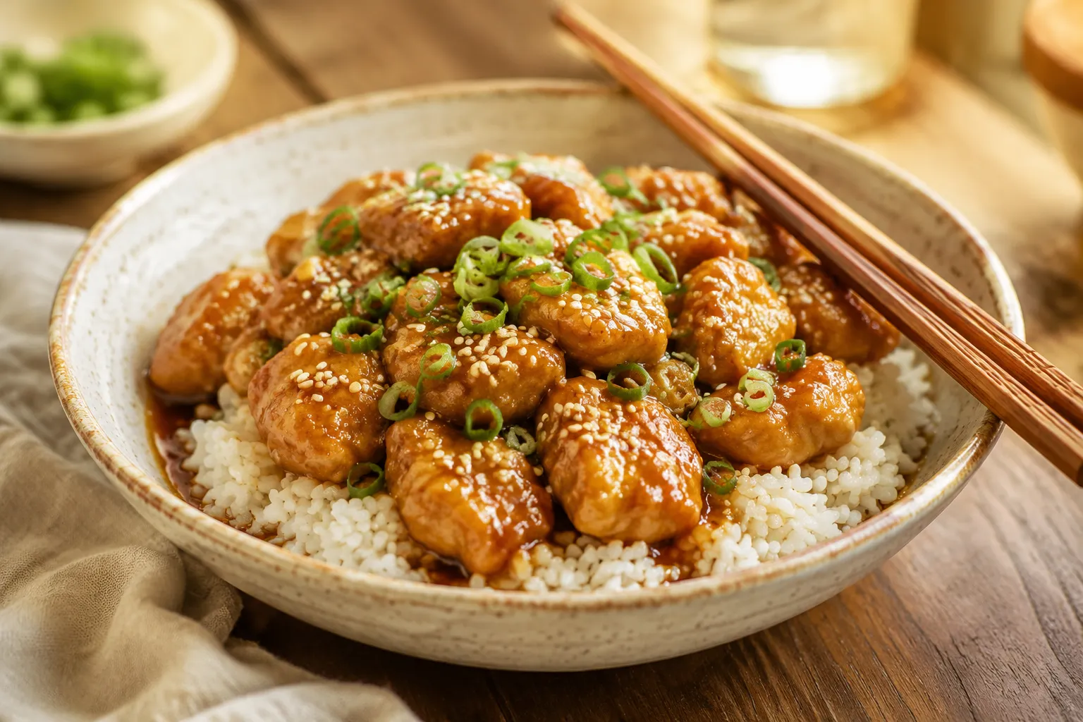 Honey glazed chicken served over rice with sesame seeds and scallions