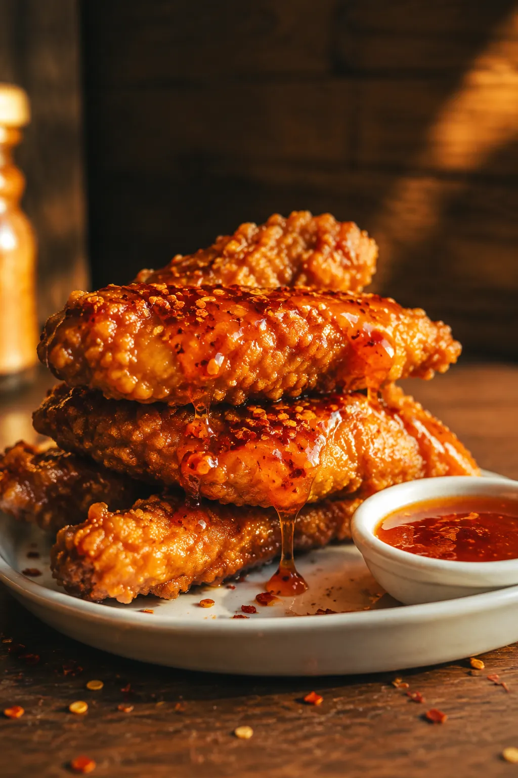 Hot honey chicken tenders with chili flakes and hot honey dipping sauce