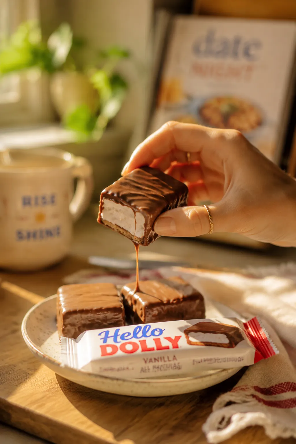 Hand lifting a hello dollies bar with melty chocolate stretch