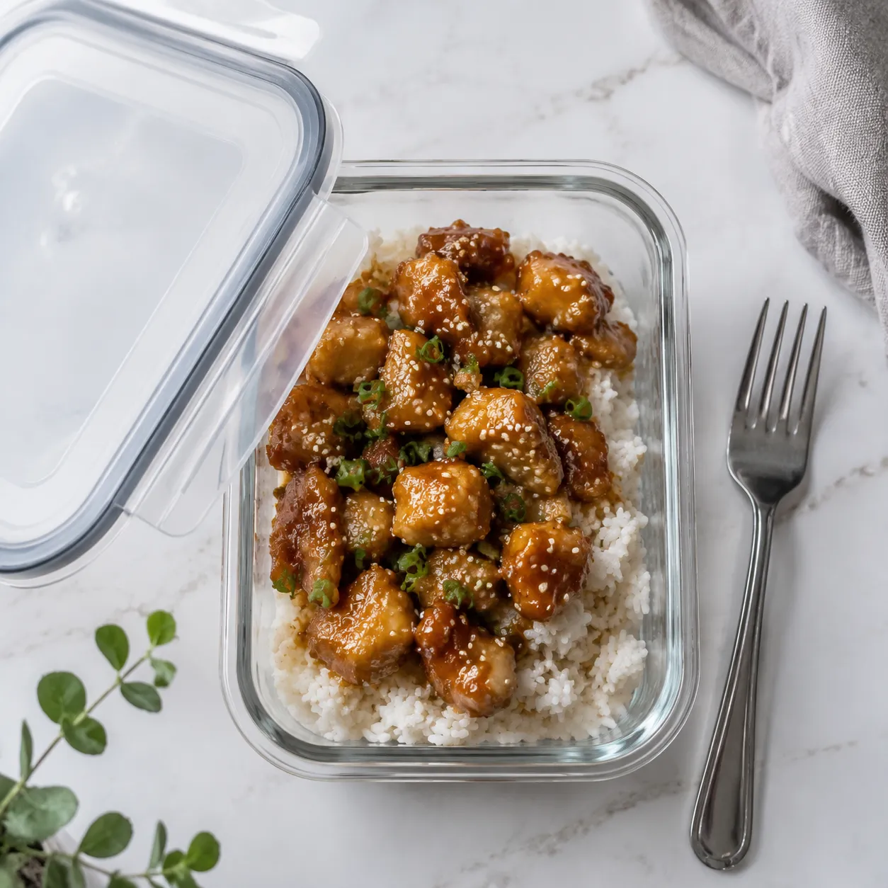 Storing leftover honey chicken in a glass meal prep container
