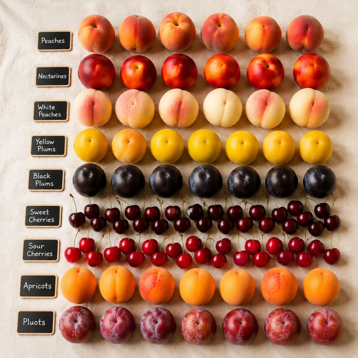 Types of stone fruits flatlay including peaches nectarines plums cherries and apricots