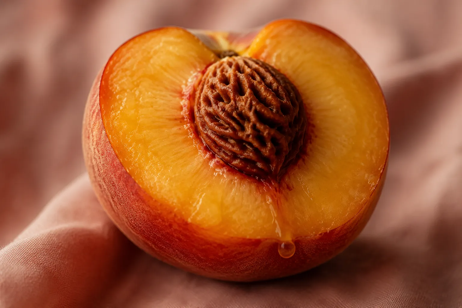 Macro close-up of a halved stone fruit peach showing the pit and juicy flesh