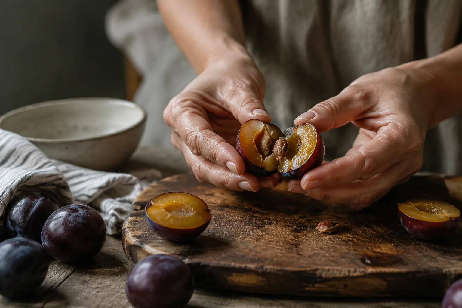 Hands pitting stone fruit plum on a wooden cutting board