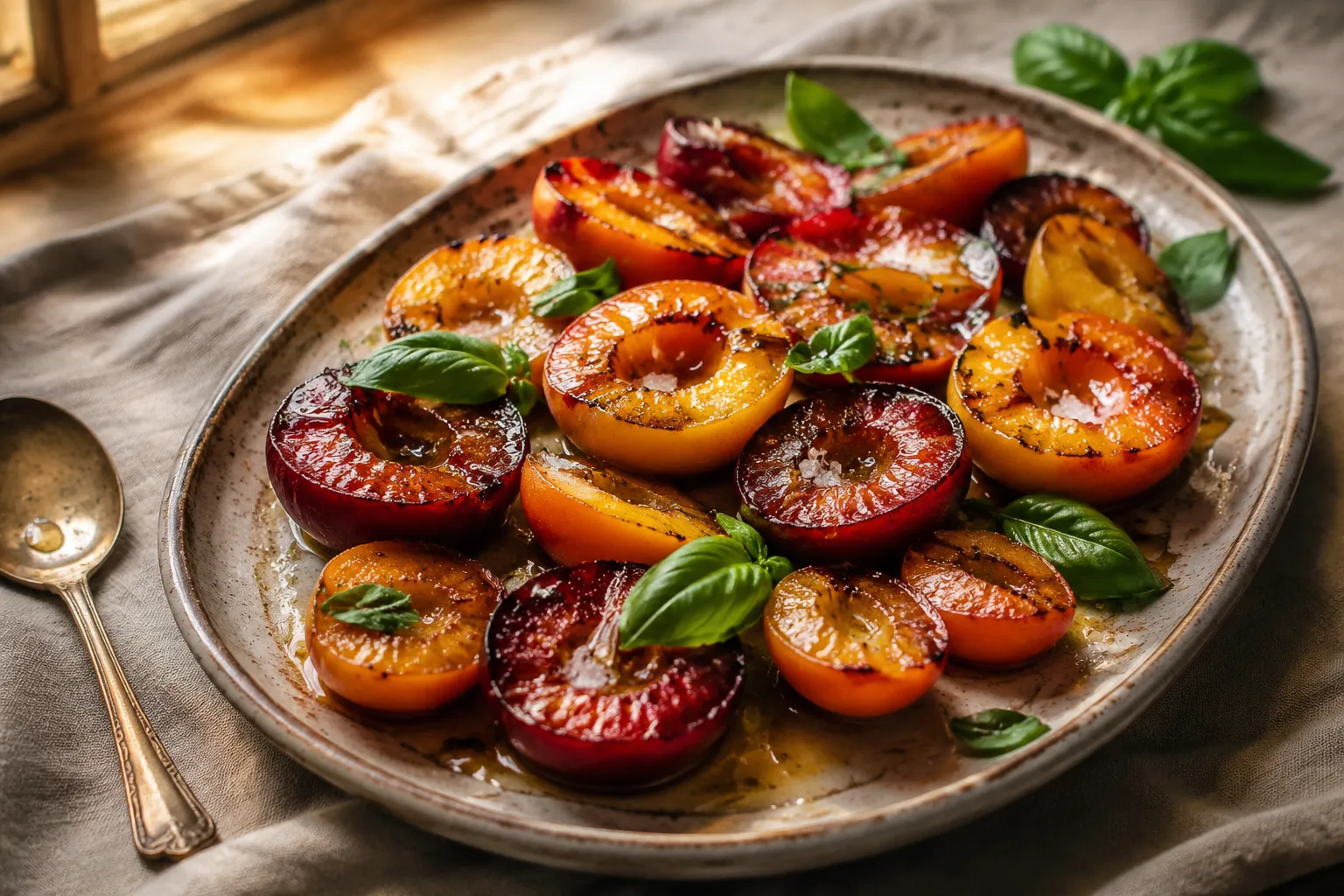 Roasted stone fruit recipe plated with honey basil and flaky salt