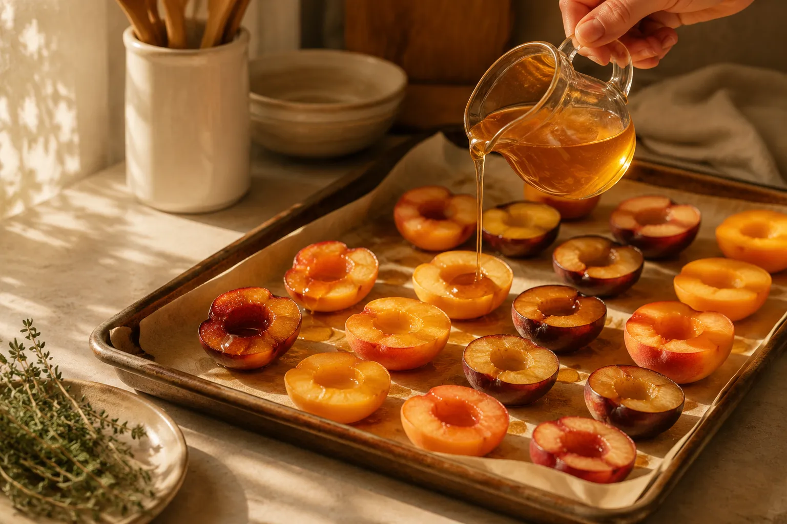 Honey being drizzled over sliced stone fruit on a sheet pan before roasting