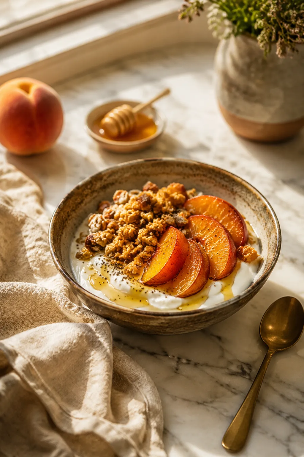 Greek yogurt bowl topped with roasted stone fruit granola and honey