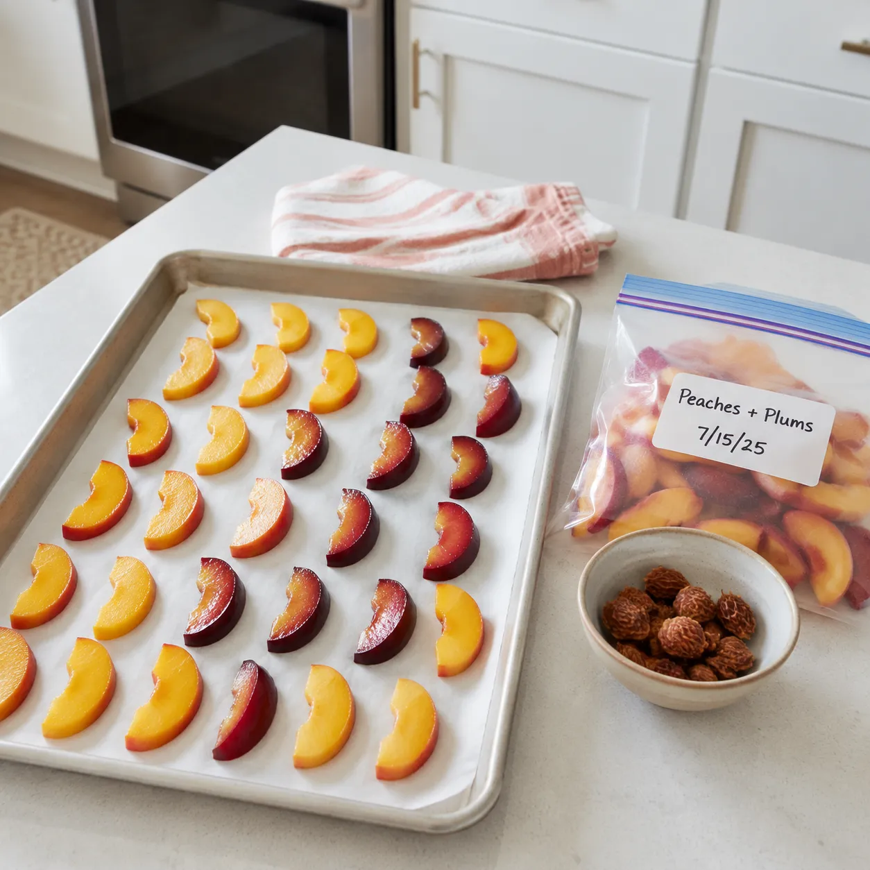 How to freeze stone fruit slices on a sheet pan with labeled freezer bag