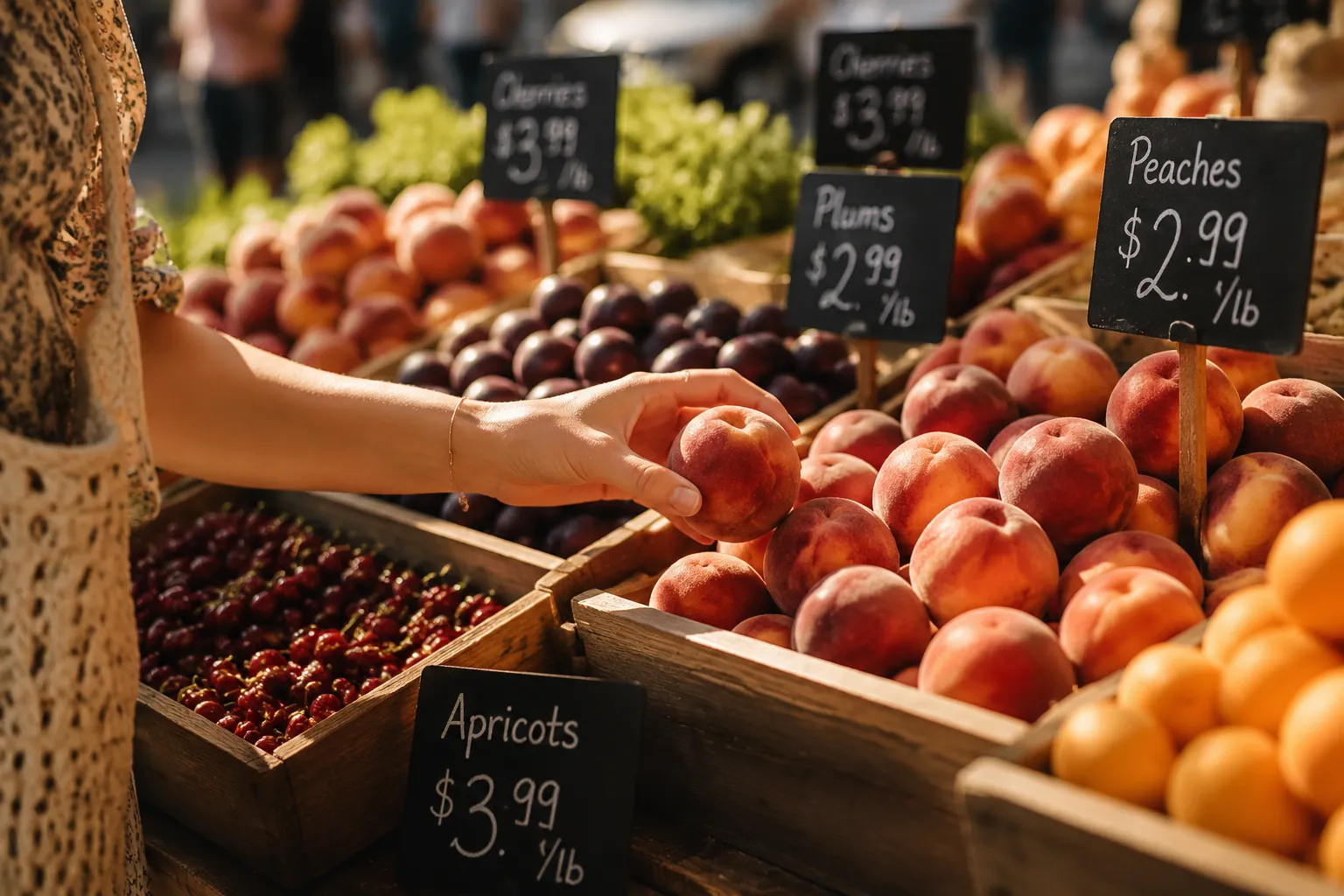 Farmers market stone fruits display with shopper choosing a ripe peach