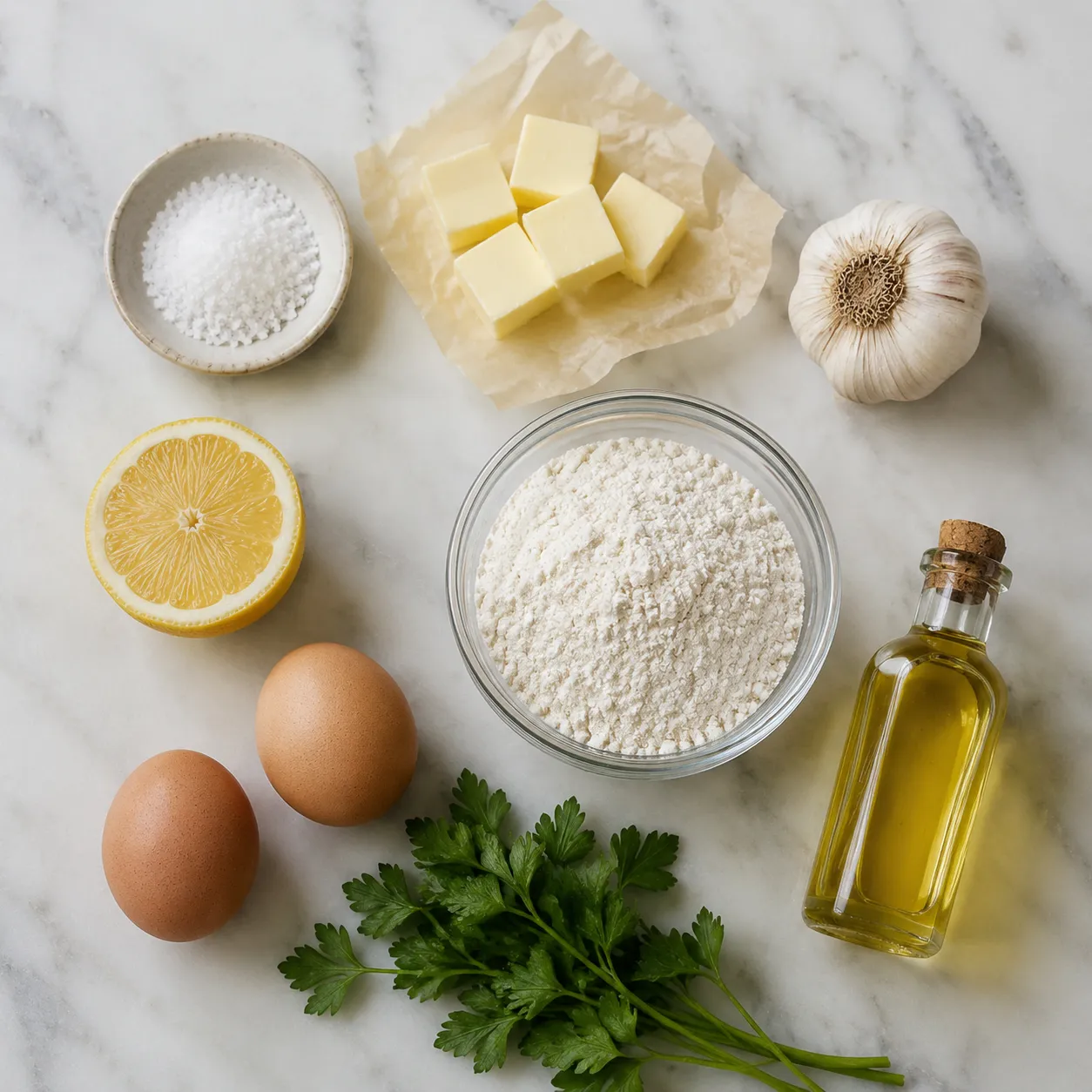 Flatlay of common ingredients used in jkawe.com recipes