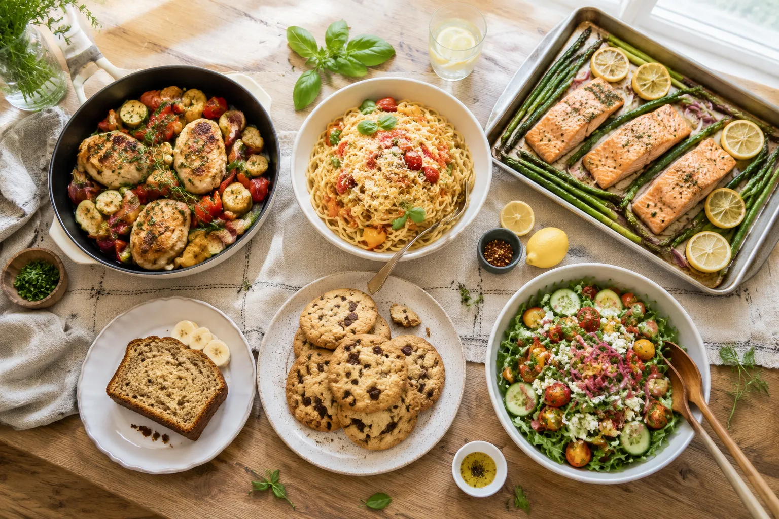 Overhead spread of popular jkawe.com recipes including dinner, pasta, and dessert