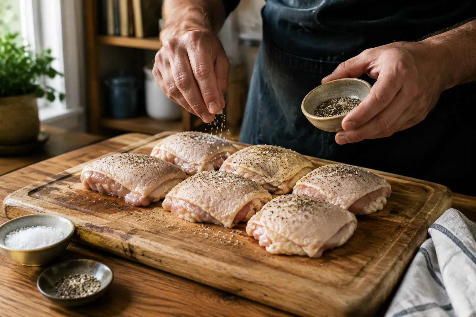 Hands seasoning chicken thighs for a jkawe.com weeknight dinner recipe
