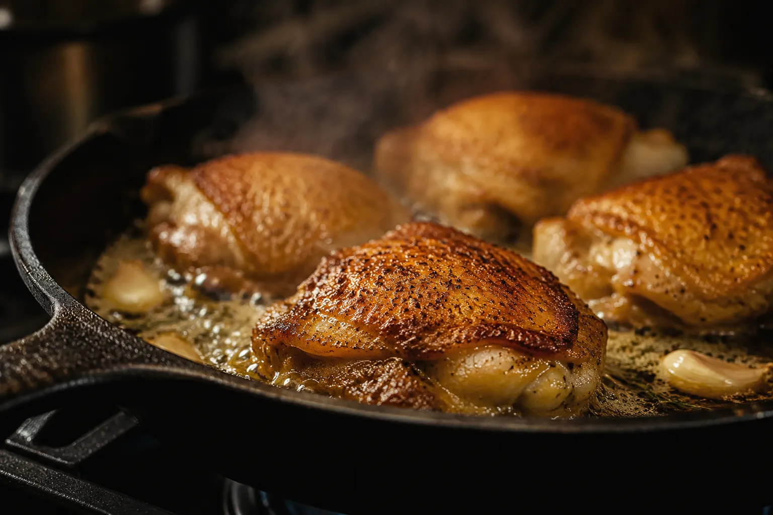 Chicken thighs searing in butter, a core jkawe.com recipes technique