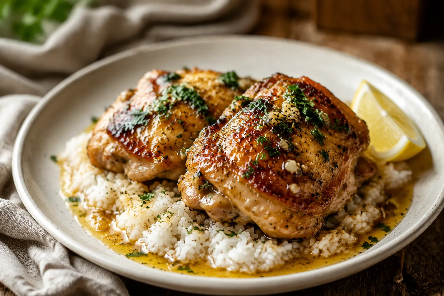 Plated garlic butter chicken thighs from the jkawe.com recipes collection