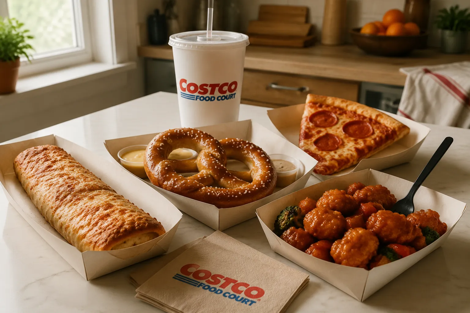 Homemade food court spread with chicken bake, pretzel, pizza, and orange chicken