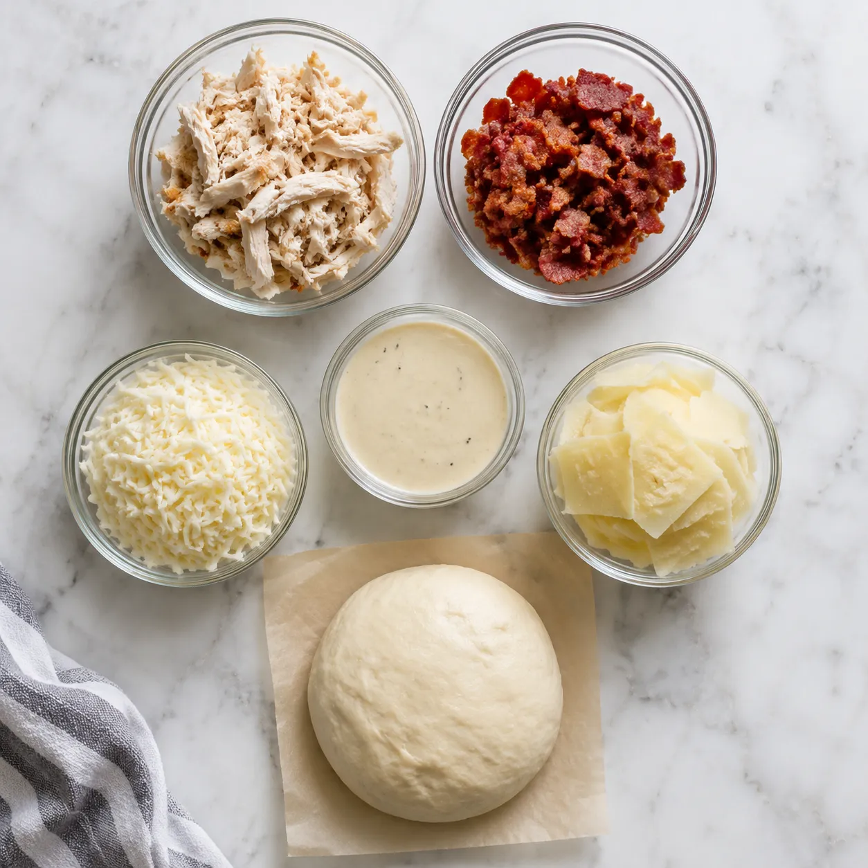 Food court chicken bake ingredients flatlay on marble counter