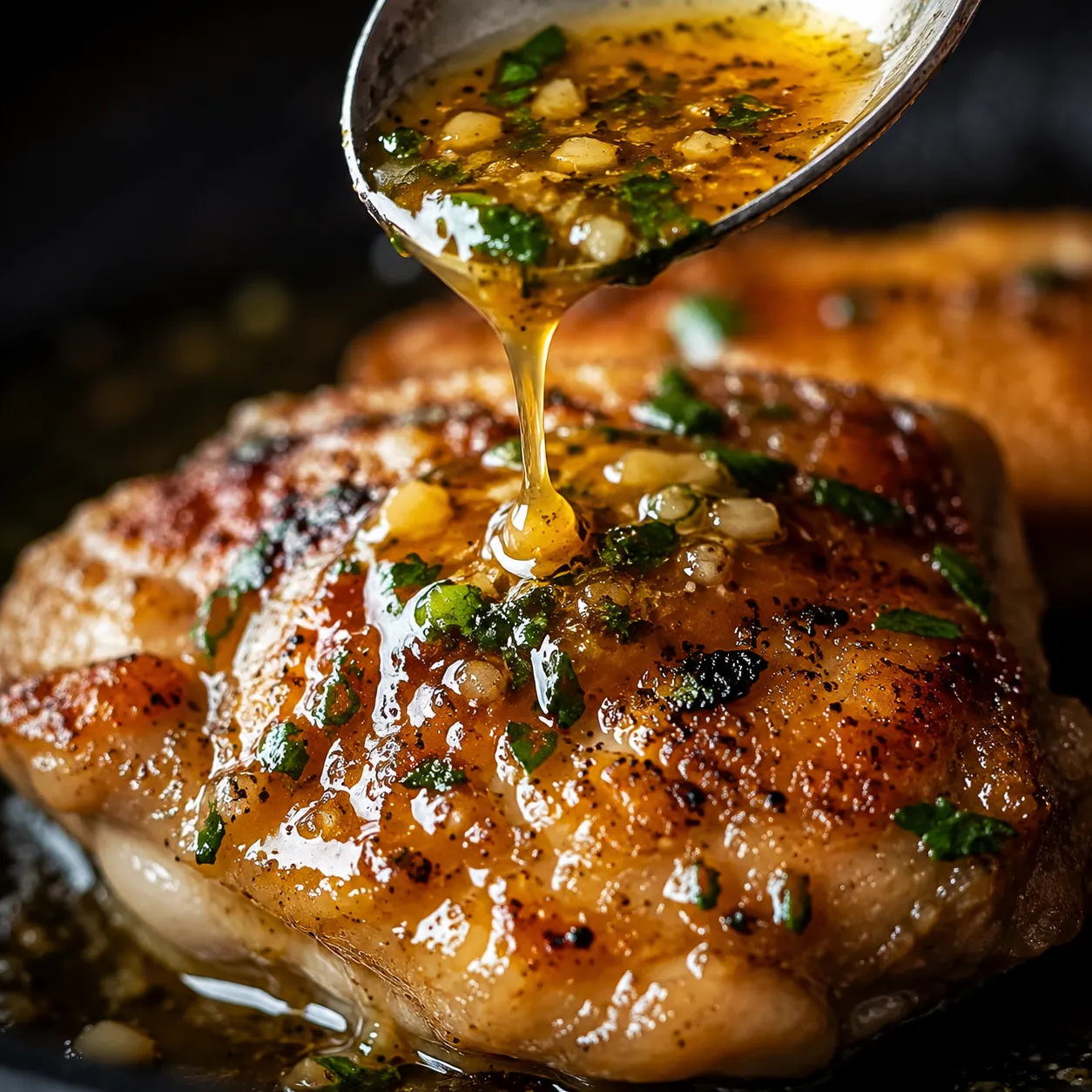 Macro close-up of garlic butter sauce, a jkawe.com recipes signature finish