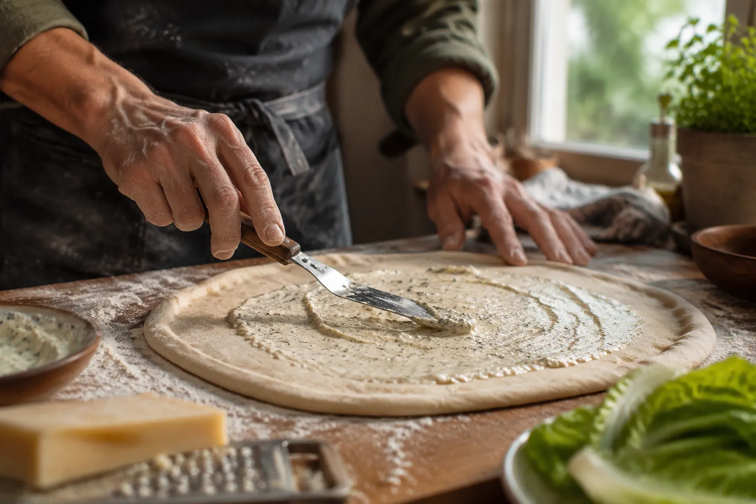 Hands spreading Caesar dressing on pizza dough for food court chicken bake