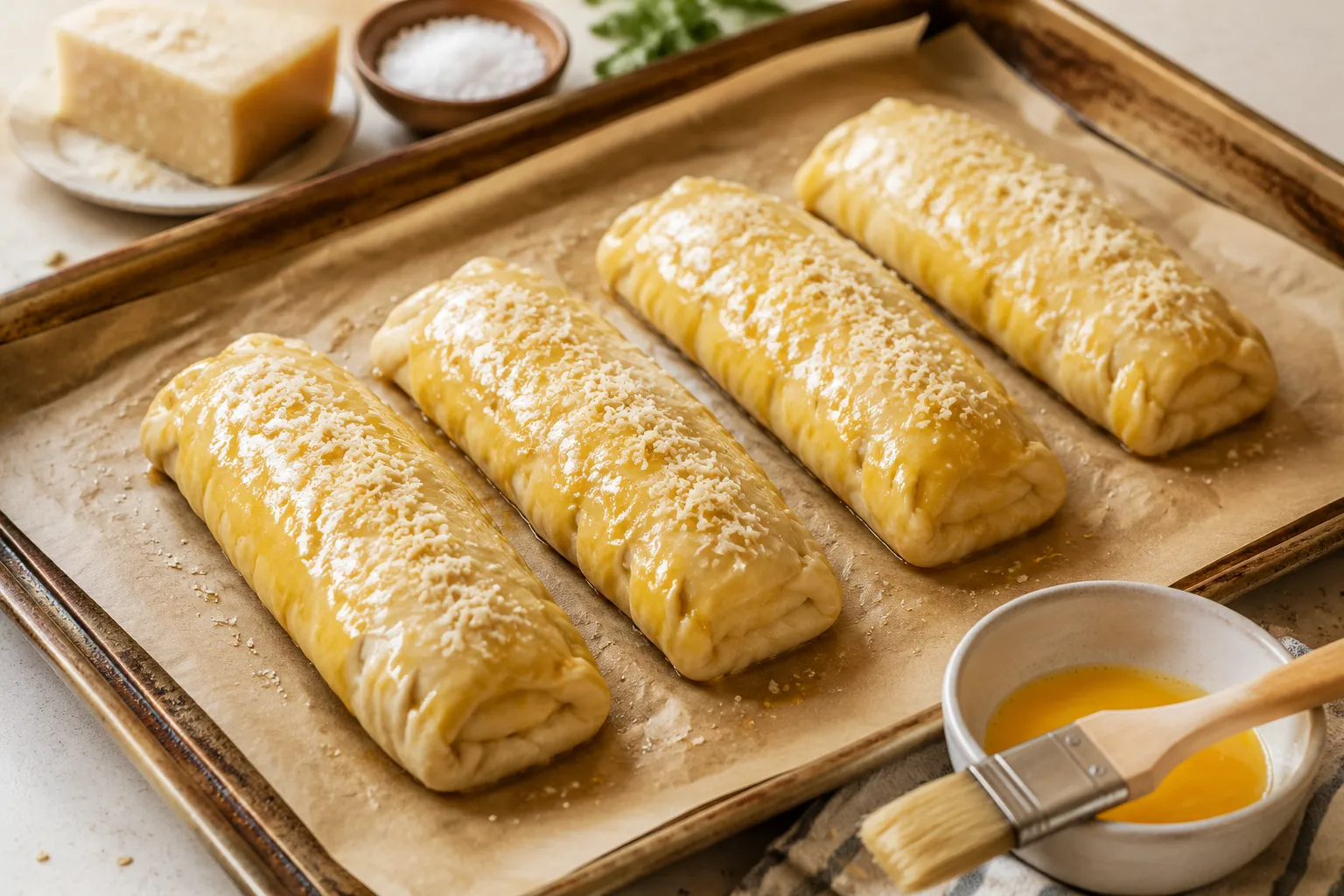 Assembled food court chicken bakes on sheet pan before baking