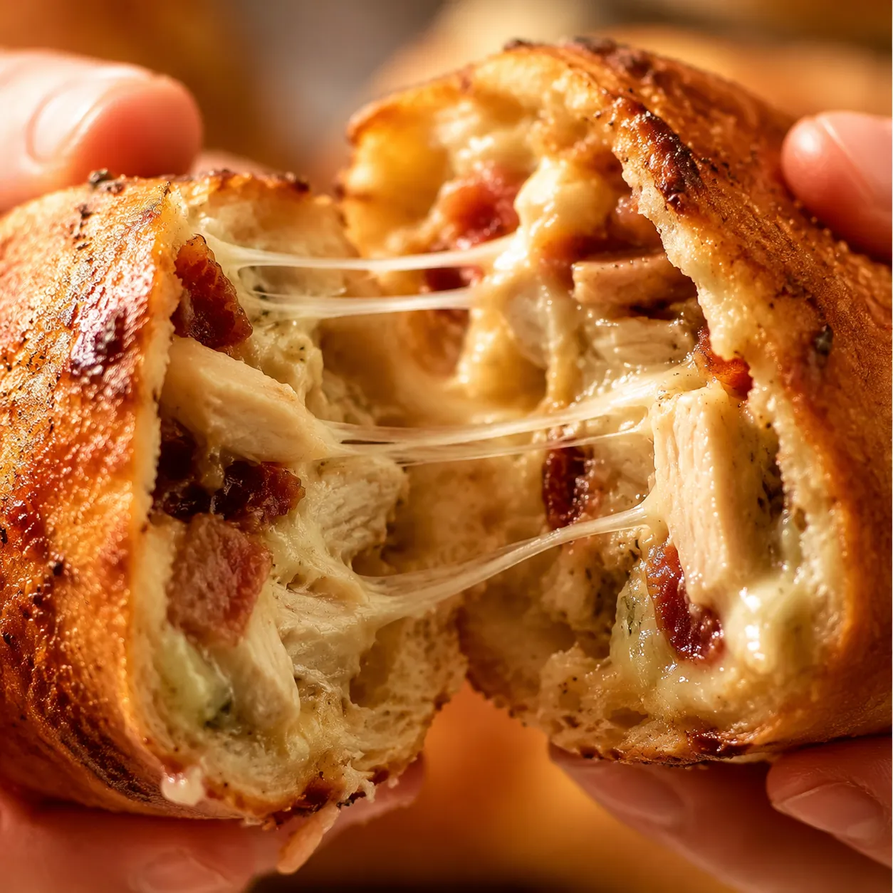 Close-up of cheese pull inside food court chicken bake copycat