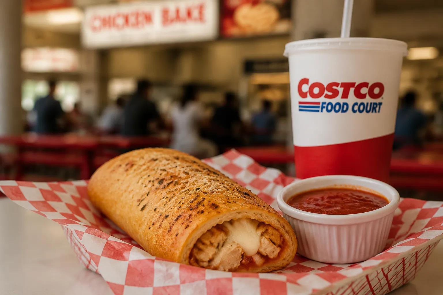 Food court chicken bake served in paper tray with marinara and soda