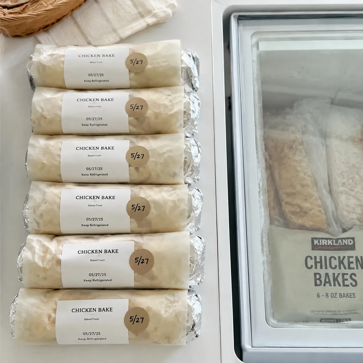 Food court chicken bakes wrapped for freezer storage and meal prep