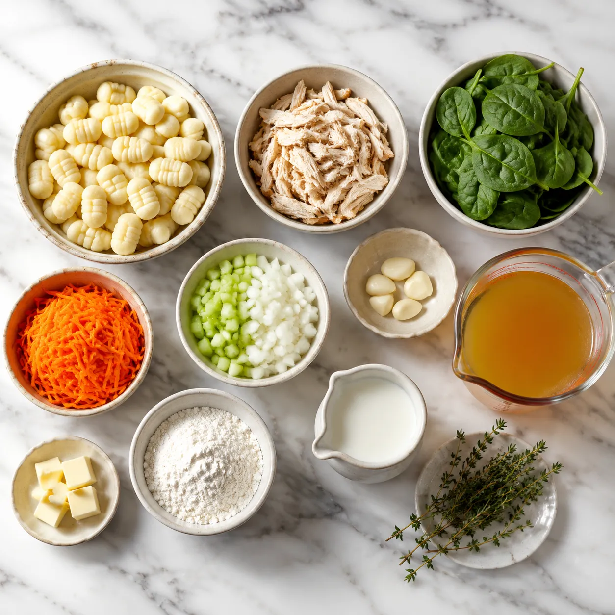Ingredients for chicken and gnocchi soup arranged on a marble counter
