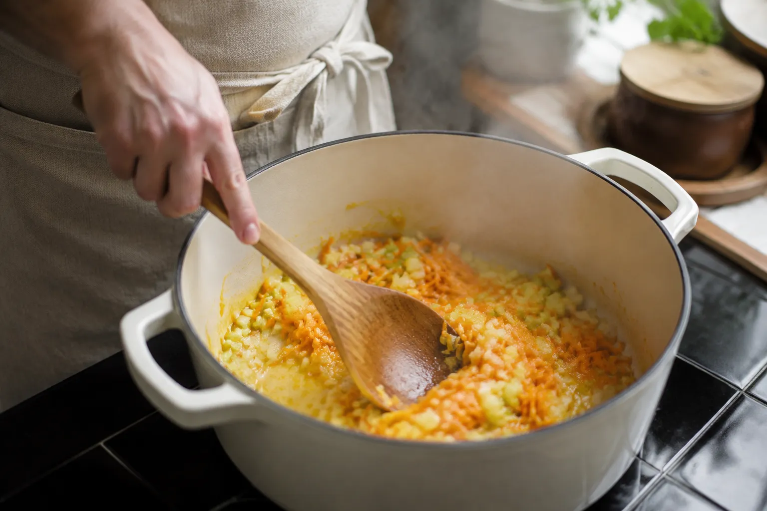 Sautéing onion, celery, and carrots in a Dutch oven for chicken and gnocchi soup