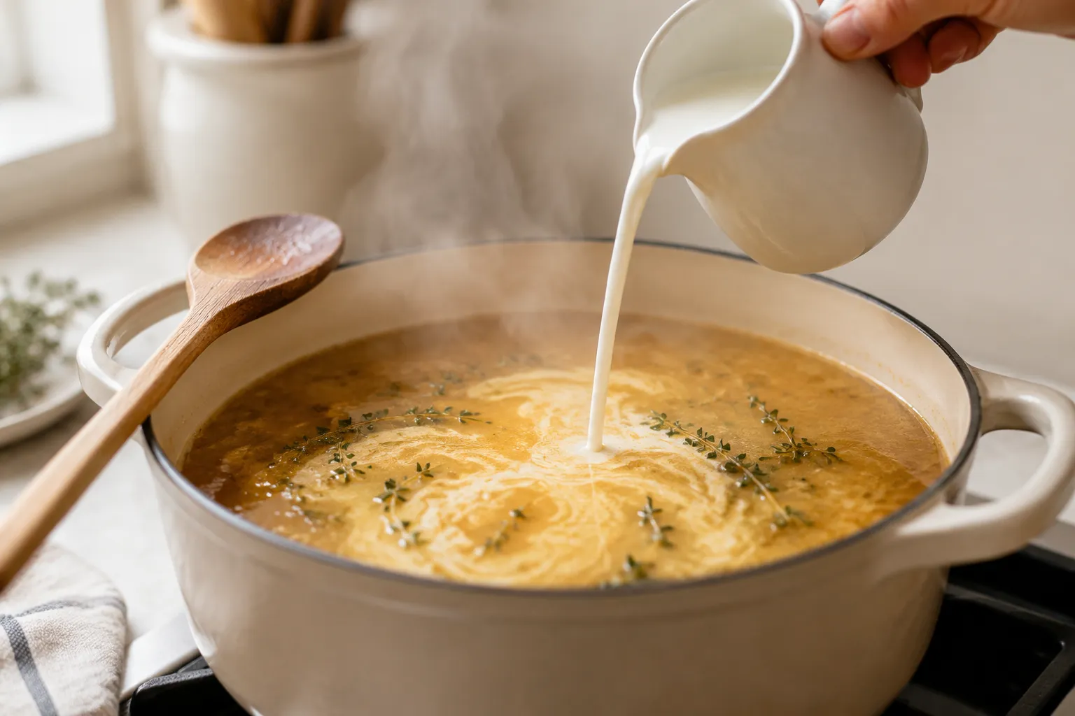 Pouring half-and-half into creamy chicken and gnocchi soup base